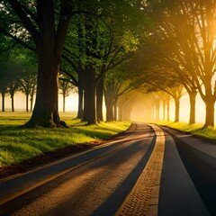 8K Detailed Wide Angle Road: Sunlit Trees and Leaves Under a Dark Sun
