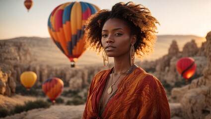 portrait of an african woman looking at the camera, while in the background is aerostatic balloons located in capadoccia (turkey), with a beautiful sunset in the background.