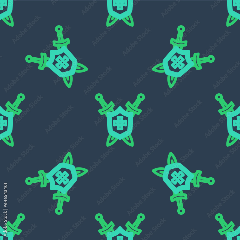 Poster line medieval shield with crossed swords icon isolated seamless pattern on blue background. vector