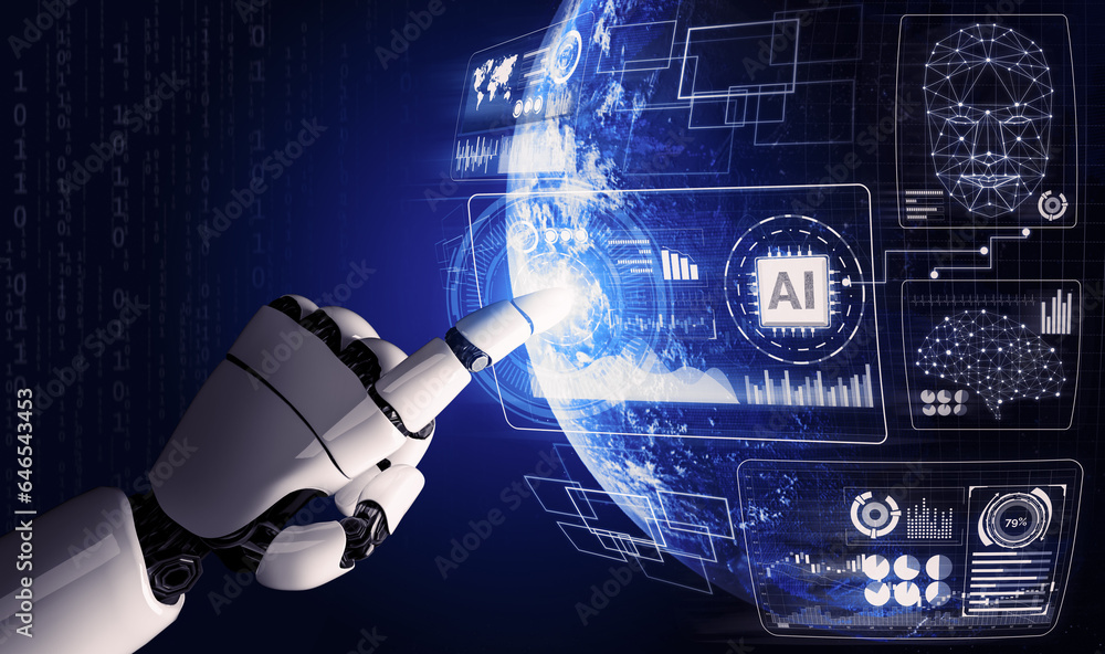 Poster futuristic robot technology development, artificial intelligence ai, and machine learning concept. g