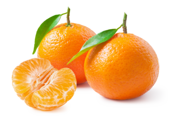 Tangerines or clementines with green leaf on white background. Half of a peeled tangerine