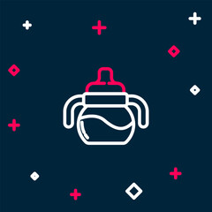 Obraz premium Line Baby bottle icon isolated on blue background. Feeding bottle icon. Milk bottle sign. Colorful outline concept. Vector