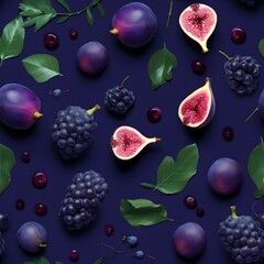 Various purple fruits and berries sparse seamless pattern.