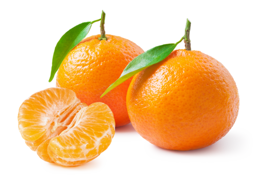 Tangerines or clementines with green leaf on white background. Half of a peeled tangerine