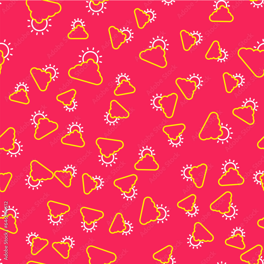 Poster line sun and cloud weather icon isolated seamless pattern on red background. vector