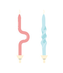 Birthday candles of different form concept. Pink and blue wax objects. Event and festival. Template, layout and mock up. Cartoon flat vector illustration isolated on white background