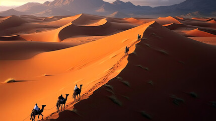 Horizontal illustration of camel caravan on sand dunes in the desert. Illustration for covers, backgrounds, wallpapers and other projects.