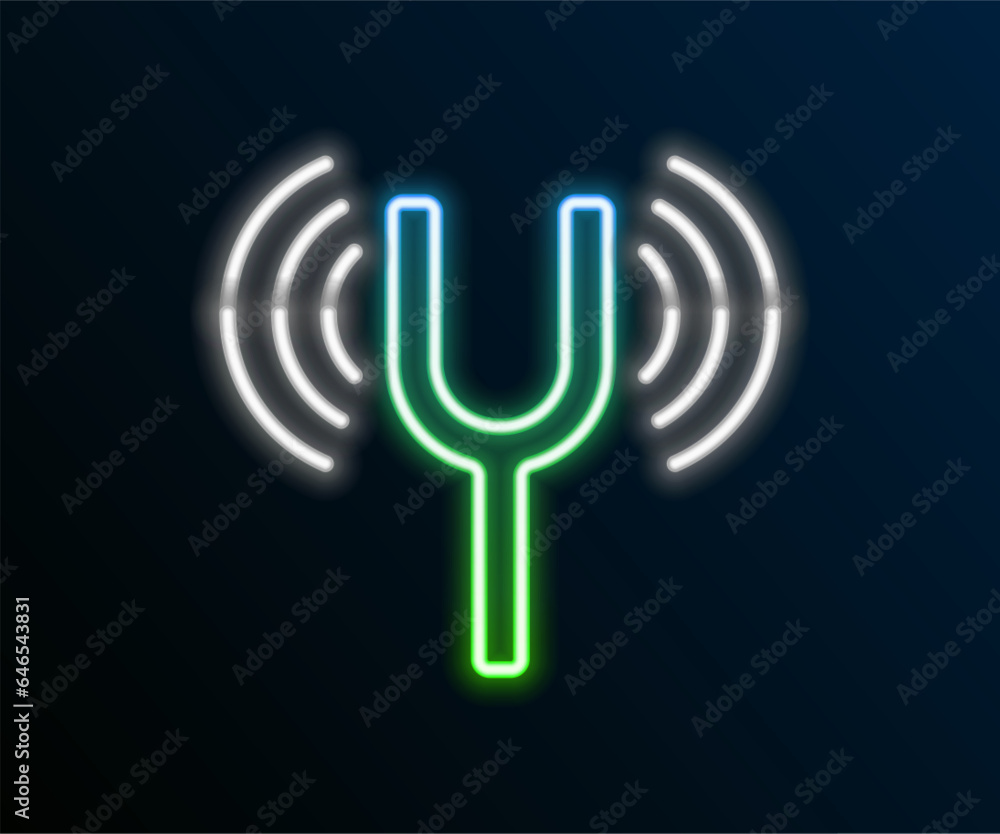 Poster glowing neon line musical tuning fork for tuning musical instruments icon isolated on black backgrou