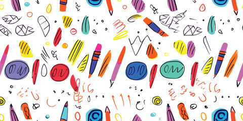 Colorful children pencil doodle seamless pattern illustration. Childish freehand scribble and hand drawn crayon shapes background.