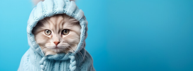 Cat in full knitted cozy costume isolated on vivid background with a place for text 