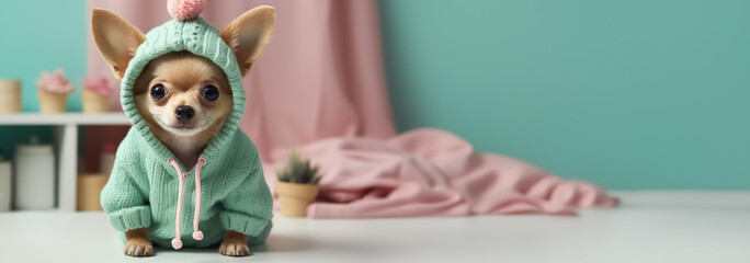 Dog in full knitted cozy costume isolated on pastel background with a place for text 