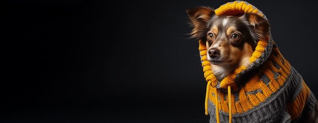 Dog in full knitted cozy costume isolated on vivid background with a place for text 