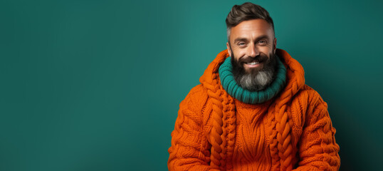 Fototapeta premium Man in full knitted cozy costume isolated on vivid background with a place for text 