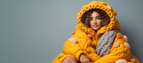 Obraz premium Woman in full knitted cozy costume isolated on vivid background with a place for text 
