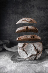 Sliced bread levitation pieces of rye  round