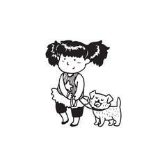 Handdrawn kid illustration, child drawing, cute kid, girl with a dog