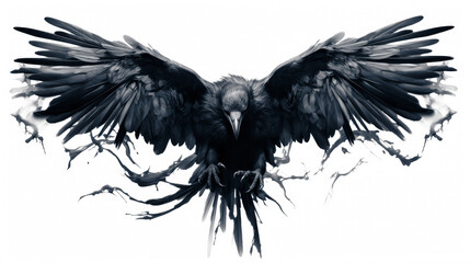 Scary black crow flying in the air with wings spread - 646544498