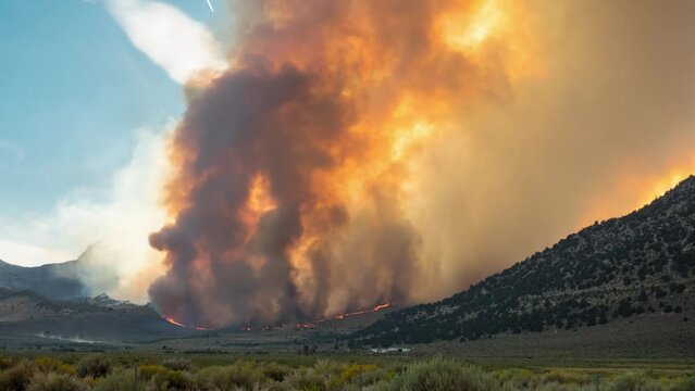 Time lapse of a forest fire burning a mountainside in California.