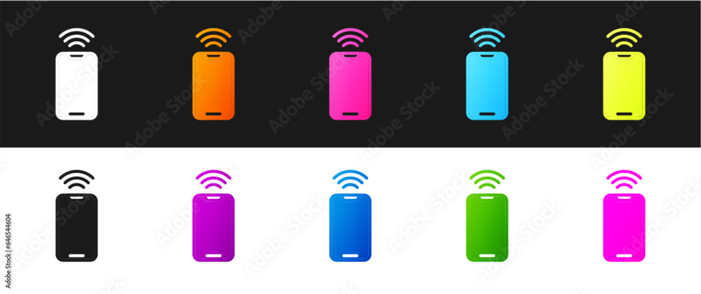 Aufkleber set smartphone with free wi-fi wireless connection icon isolated on black and white background. wire