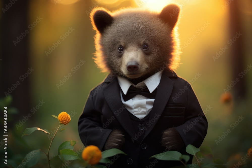 Poster A brown bear wearing a suit and bow tie. Generative AI.