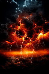 Fototapeta na wymiar A captivating photo of a fiery thunderstorm showcasing dramatic sprites and bolts of lightning with a spacious backdrop for text 