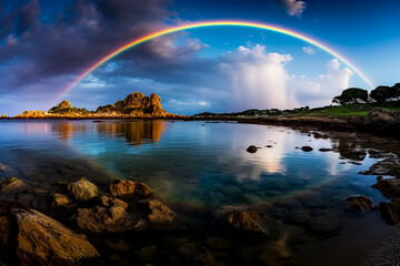 Naklejka na ściany i meble A magnificent moonbow arcs over a serene coastal landscape casting a colorful reflection on the glistening waters 