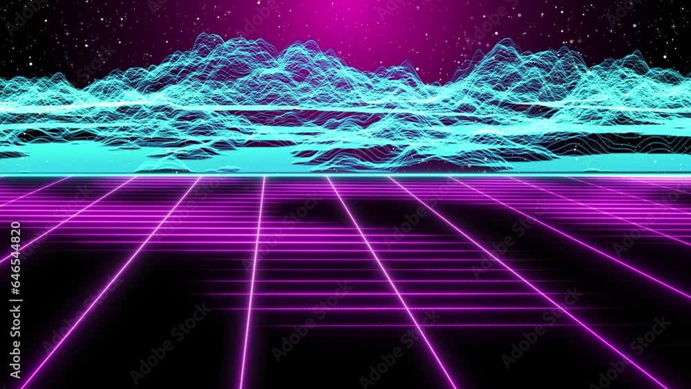 Poster retro land animation with grid and sun and particle hil and mountain. 80's synth wave style retro ba