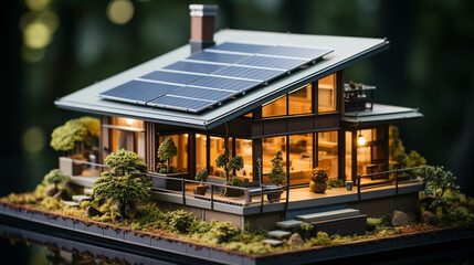 Super Miniatur Haus mit Energie Solarzellen am Dach mit erneuerbare Energie Querformat für Banner, ai, generativ - obrazy, fototapety, plakaty