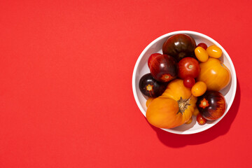 Colorful yellow, red, black tomatoes in a white plate on red background, top view