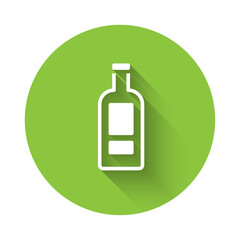 White Glass bottle of vodka icon isolated with long shadow background. Green circle button. Vector