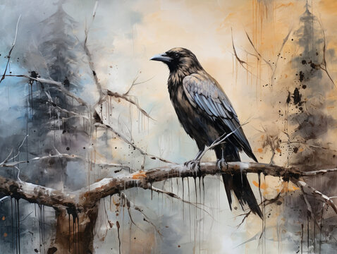 Abstract raven in the forest in watercolor oil and acrylic style