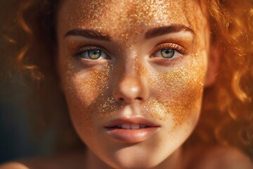Intense look of a beautiful young woman, close-up of her face, with eyes made up with glitter