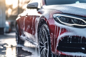 A car washed with soap, detail, wasted water. - obrazy, fototapety, plakaty