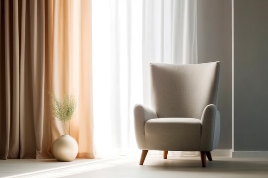 Simple, cheap looking lounge chair in a comfortable and simple hotel room.