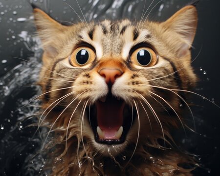 Funny cat with wet fur that has a mouth open