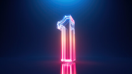 3d render, digital neon number one. First place. Glass symbol with glowing linear frame, laser line © wacomka