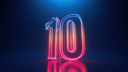 3d render, digital neon number ten. Glass symbol with glowing linear frame, laser line