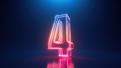 3d render, digital neon number four. Glass symbol with glowing linear frame, laser line