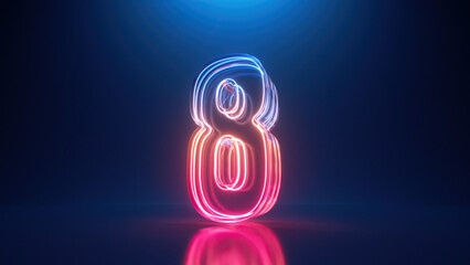 Fototapeta premium 3d render, digital neon number eight. Glass symbol with glowing linear frame, laser line