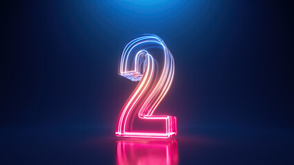 3d render, digital neon number two. The second place. Glass symbol with glowing linear frame, laser line - obrazy, fototapety, plakaty