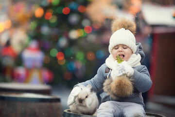 Little boy in grey winter clothes on Christmas fair with basket and pine tree