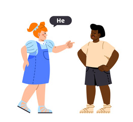 Kids with gender pronouns concept. Young girl pointing at guy and say he. Junior school students. Poster or banner for website. Cartoon flat vector illustration isolated on white background