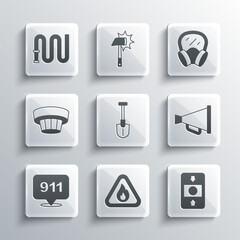Set Fire flame in triangle, alarm system, Megaphone, shovel, Emergency call 911, Smoke, hose reel and Gas mask icon. Vector