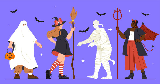 People in Halloween costumes set. Men and women in witch, ghost, zombie and devil suits. International holiday of fear and horror. Cartoon flat vector collection isolated on violet background