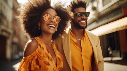 Couple of a young African American man and woman walking down the street smiling, perfect smile. They wear casual clothes in yellow tones. Lifestyle