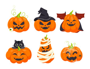 Halloween pumpkins set. Decor elements for creepy holiday and festival. Jack o lanterns in hats. Stickers for social networks. Cartoon flat vector collection isolated on white background