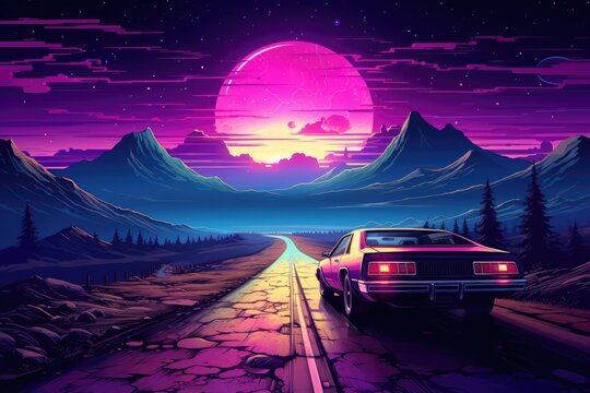 car on purple road with neon lights in the sky Generative AI