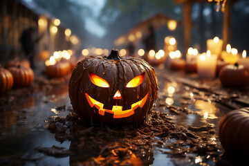 Halloween pumpkin head jack o lantern and burning candles on dark background.