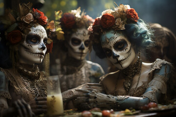 Group of people with skull makeup in halloween party.
