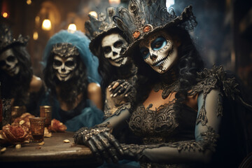 Fototapeta na wymiar Group of people with skull makeup in halloween party.